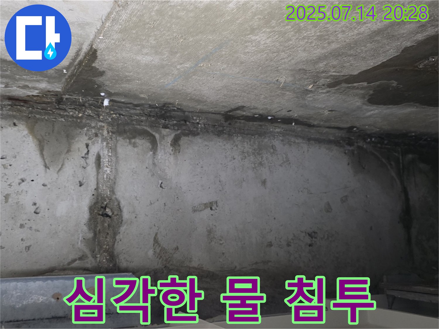 남양주 오남읍 두산아파트 천장 누수 현장 - 천장 전체에 물이 침투된 모습