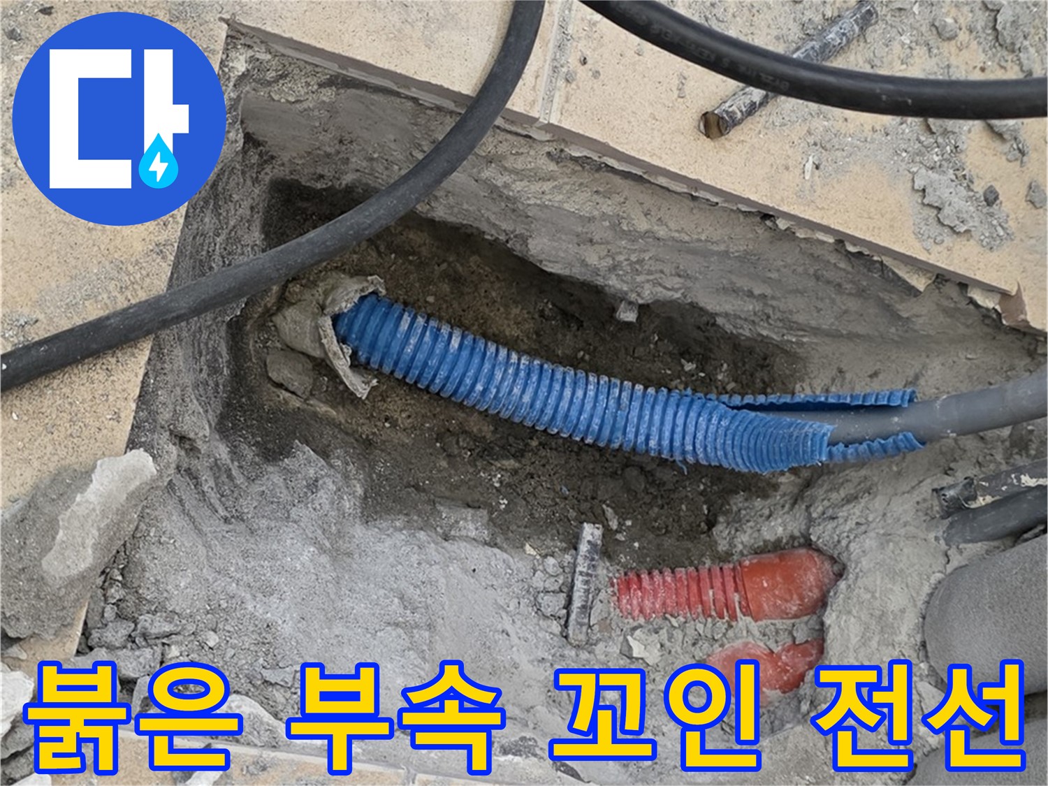 삼숭동 자이 누수 - 굴착 후 붉은색 부속과 꼬여있는 파란 전선관 발견
