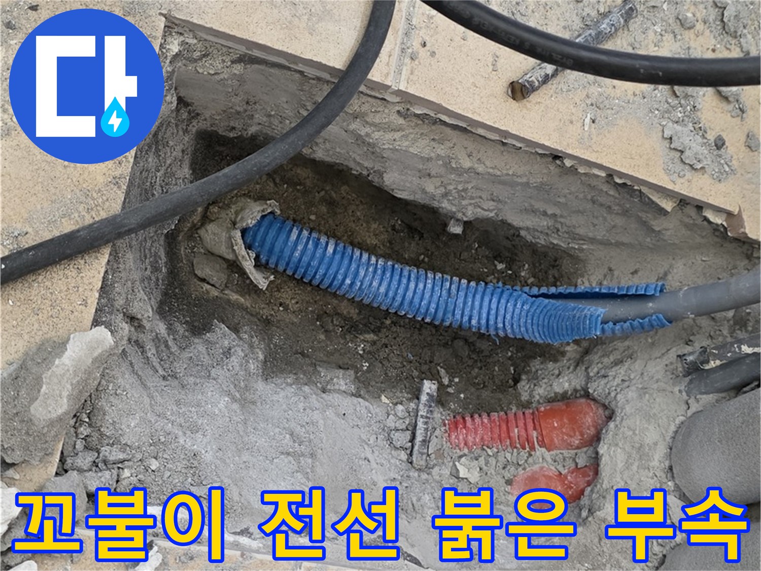 양주 삼숭동 자이아파트 누수 - 굴착 후 꼬불이 파란 전선관과 붉은색 연결 부속이 모습을 드러냈네요