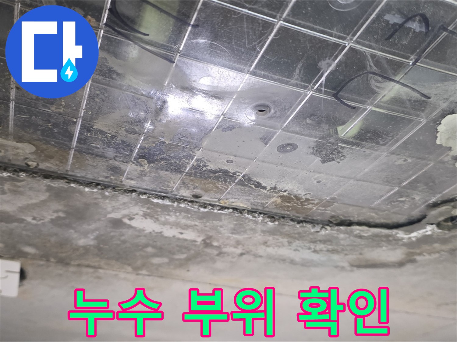 누수 부위 확인 - 젖은 천장과 곰팡이가 누수의 심각성을 보여줍니다.