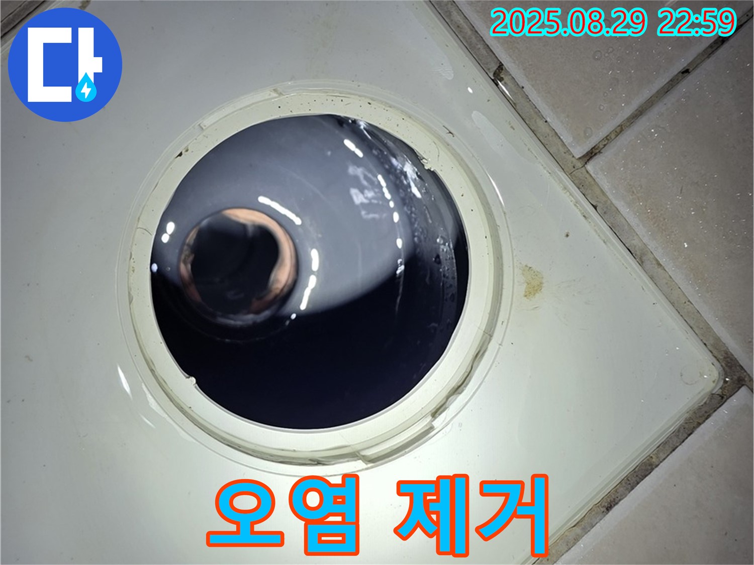 양주 백석 서광아파트 욕실 누수 - 배수구 주변 타일 틈새의 오염을 제거하고 깨끗하게 청소하는 작업을 진행하고 있습니다.