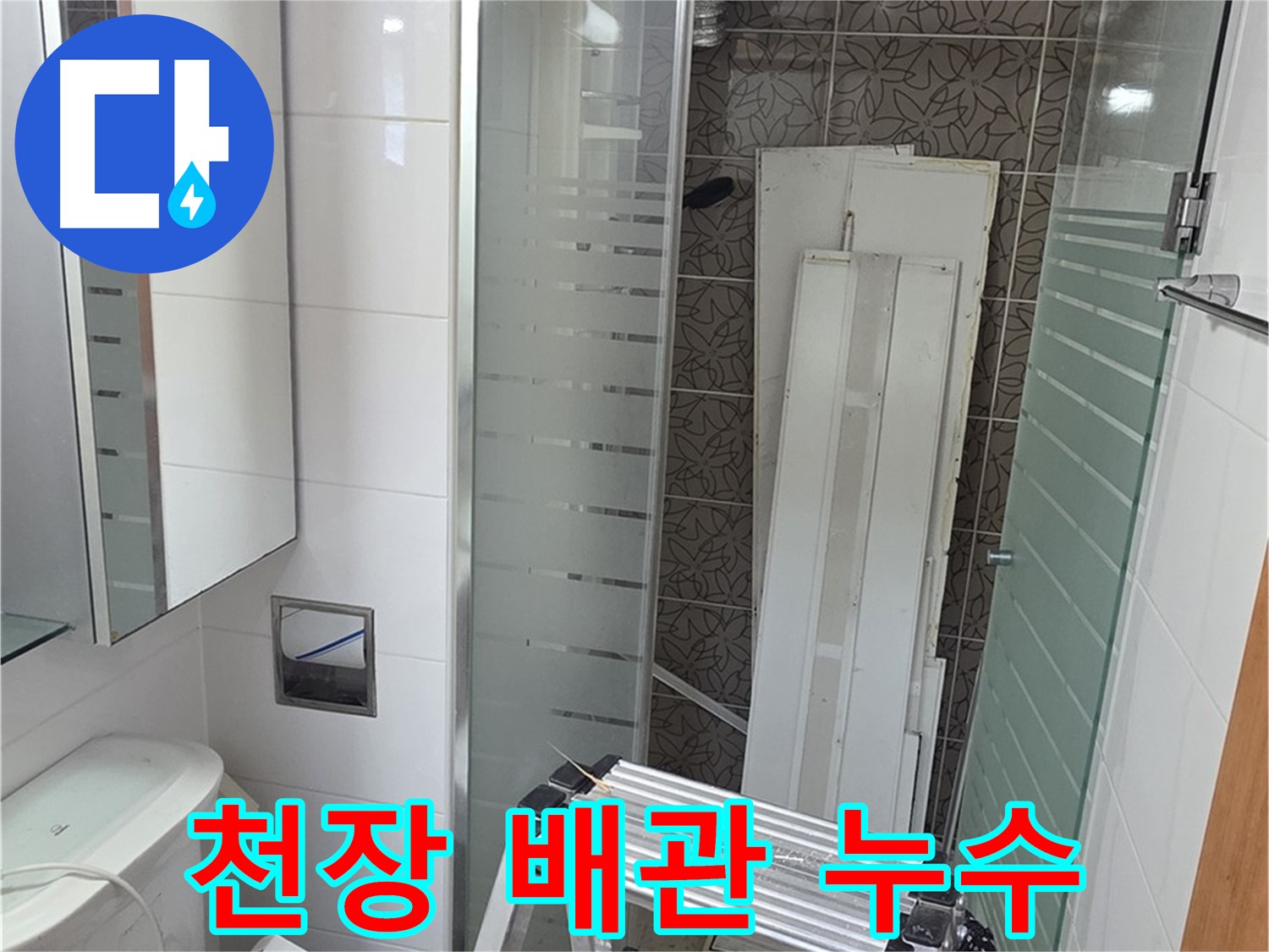 사다리를 이용해 화장실 천장 내부의 배관을 살피는 모습입니다.