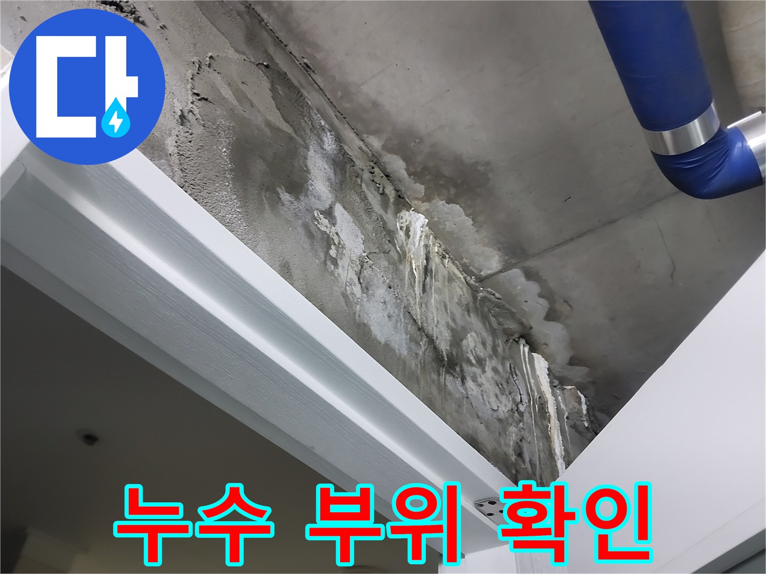 누수 부위 확인 - 누수가 발생한 천장 부위를 자세히 보여주는 사진입니다.