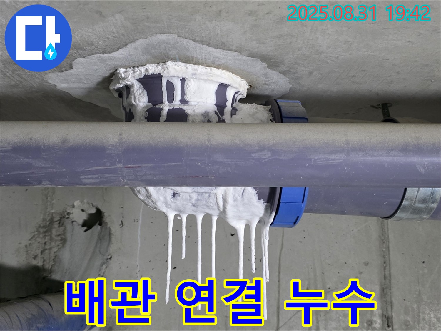 분당구 운중동 산운마을 아파트 배관 누수 - 배관 연결 부위에서 석회수가 흘러내리는 모습 - 완벽 해결 책임