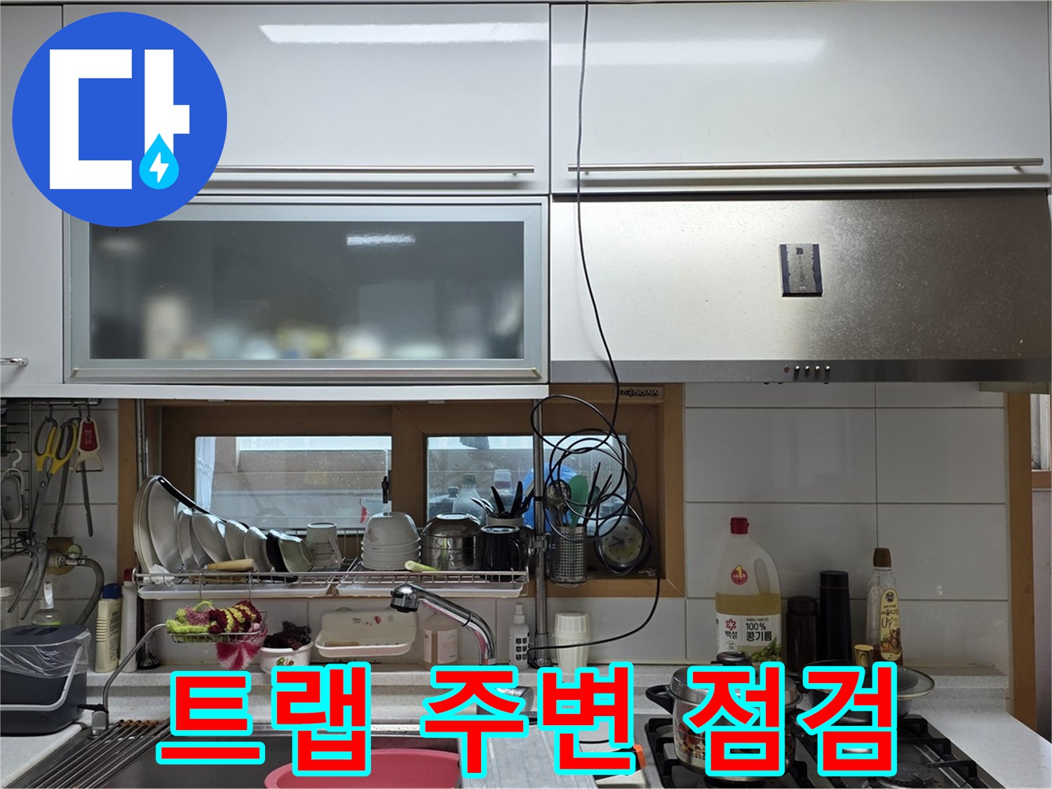 장안동 르.메이에르 누수 - 주방 싱크대 배수 트랩 주변 누수를 집중적으로 점검하고 있습니다.