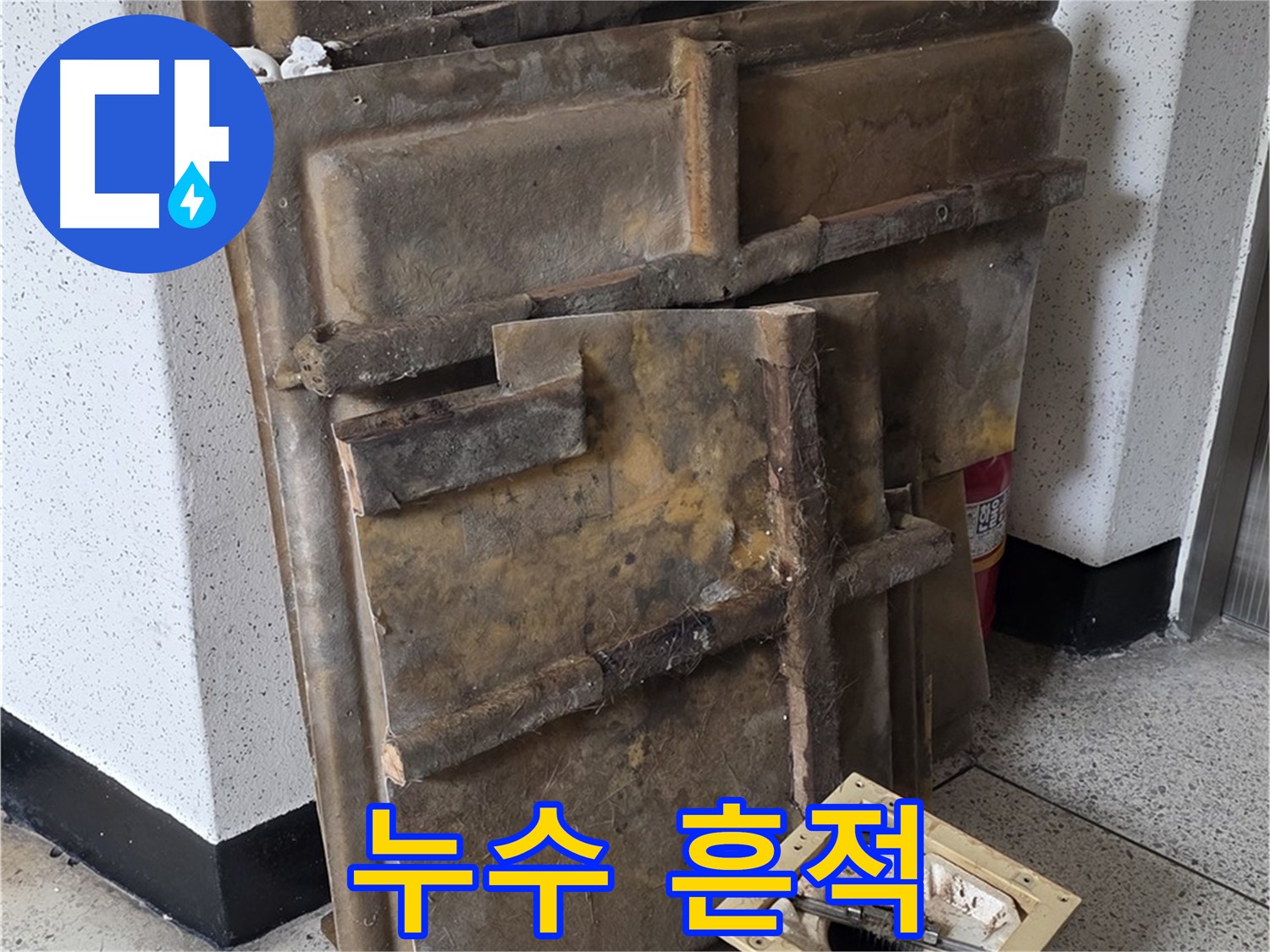 폐기될 석고보드와 조명 - 누수 흔적과 곰팡이의 흔적