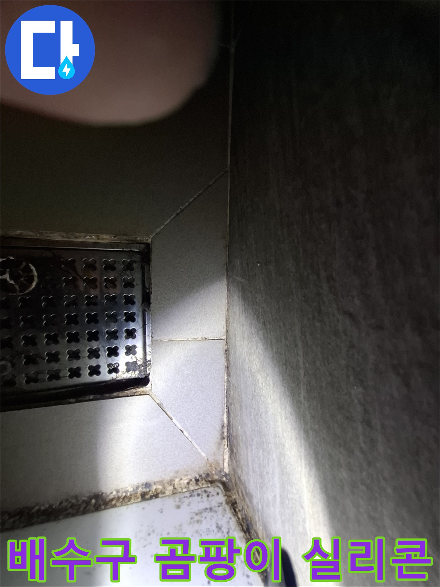욕실 배수구 주변 곰팡이와 실리콘 손상 점검 - 곰팡이와 실리콘 손상은 누수의 주요 원인입니다.