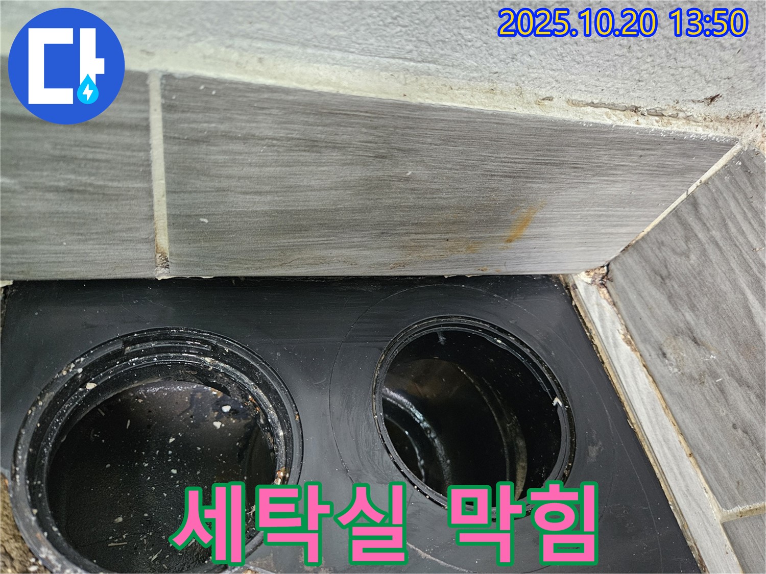 세탁실 하수구 막힘 - 섬유 찌꺼기로 인해 물이 고여 있습니다.