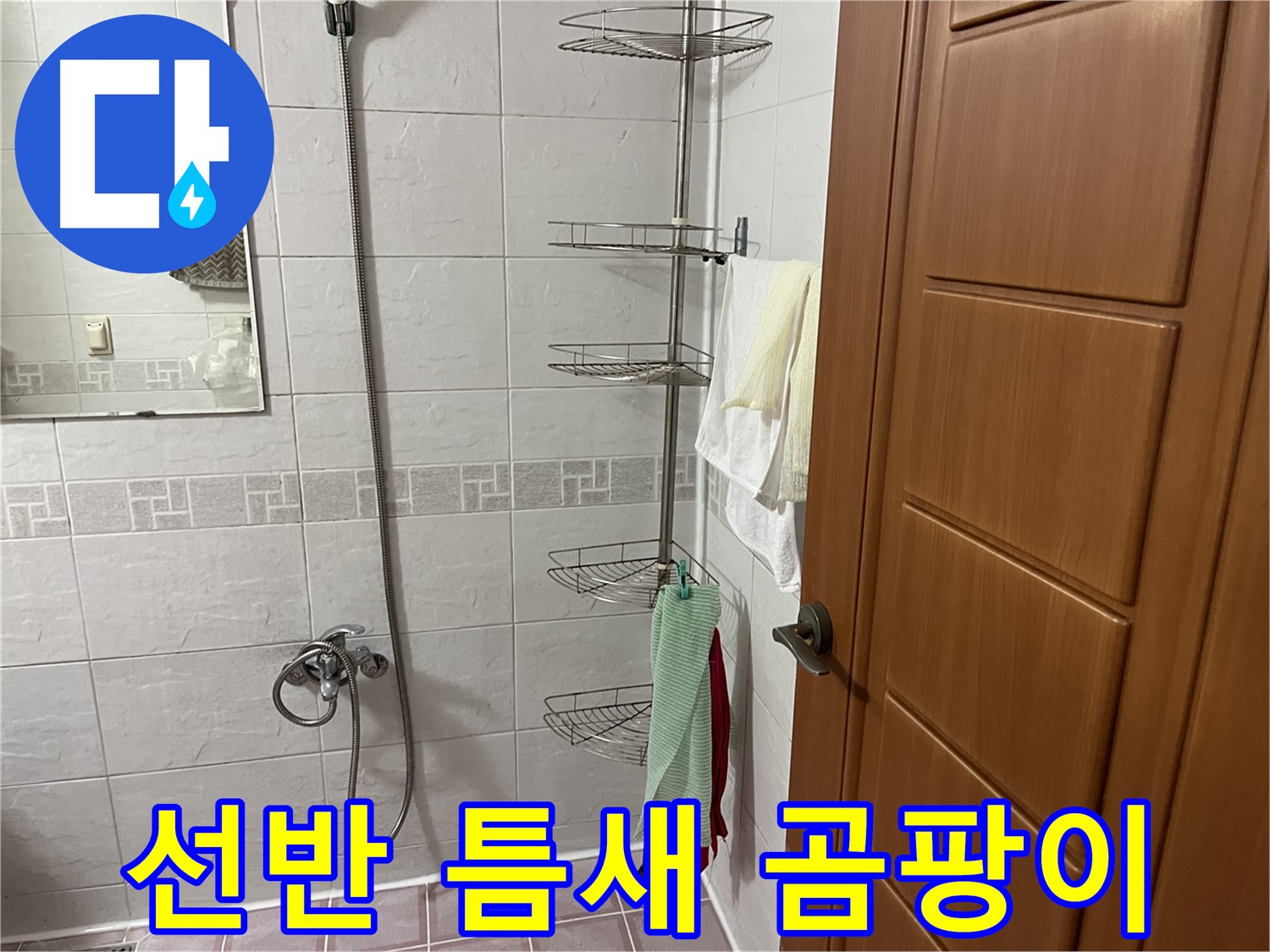 샤워기 옆 코너 선반 틈새 곰팡이 - 습기 및 누수 진행 중