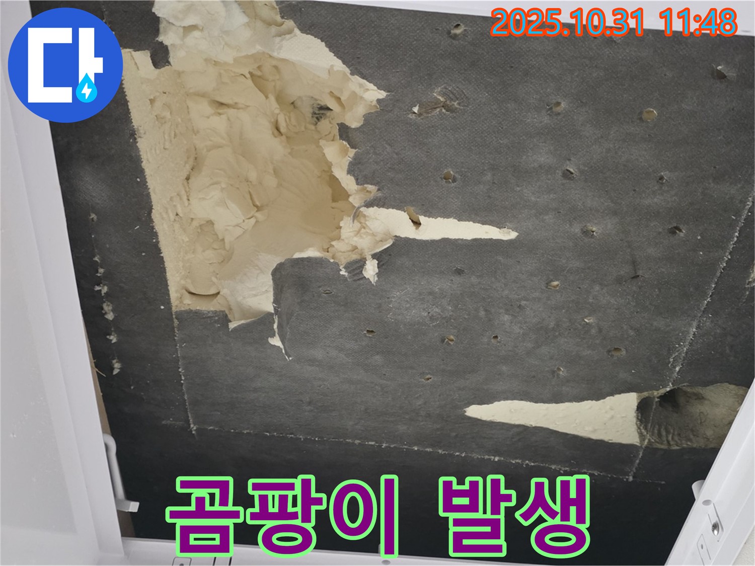 곰팡이 발생 - 누수로 인해 석고보드에 곰팡이가 심하게 번식한 모습입니다.