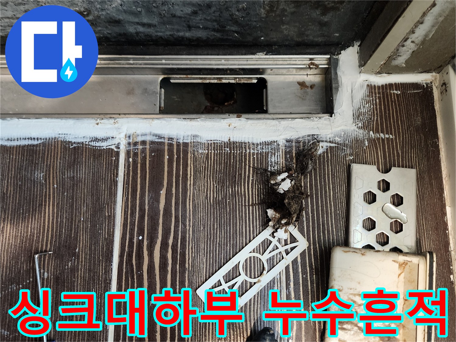 양주시 삼숭동 현장의 싱크대 하단 걸레받이 제거 후 발견된 누수 흔적과 오염된 부위입니다.