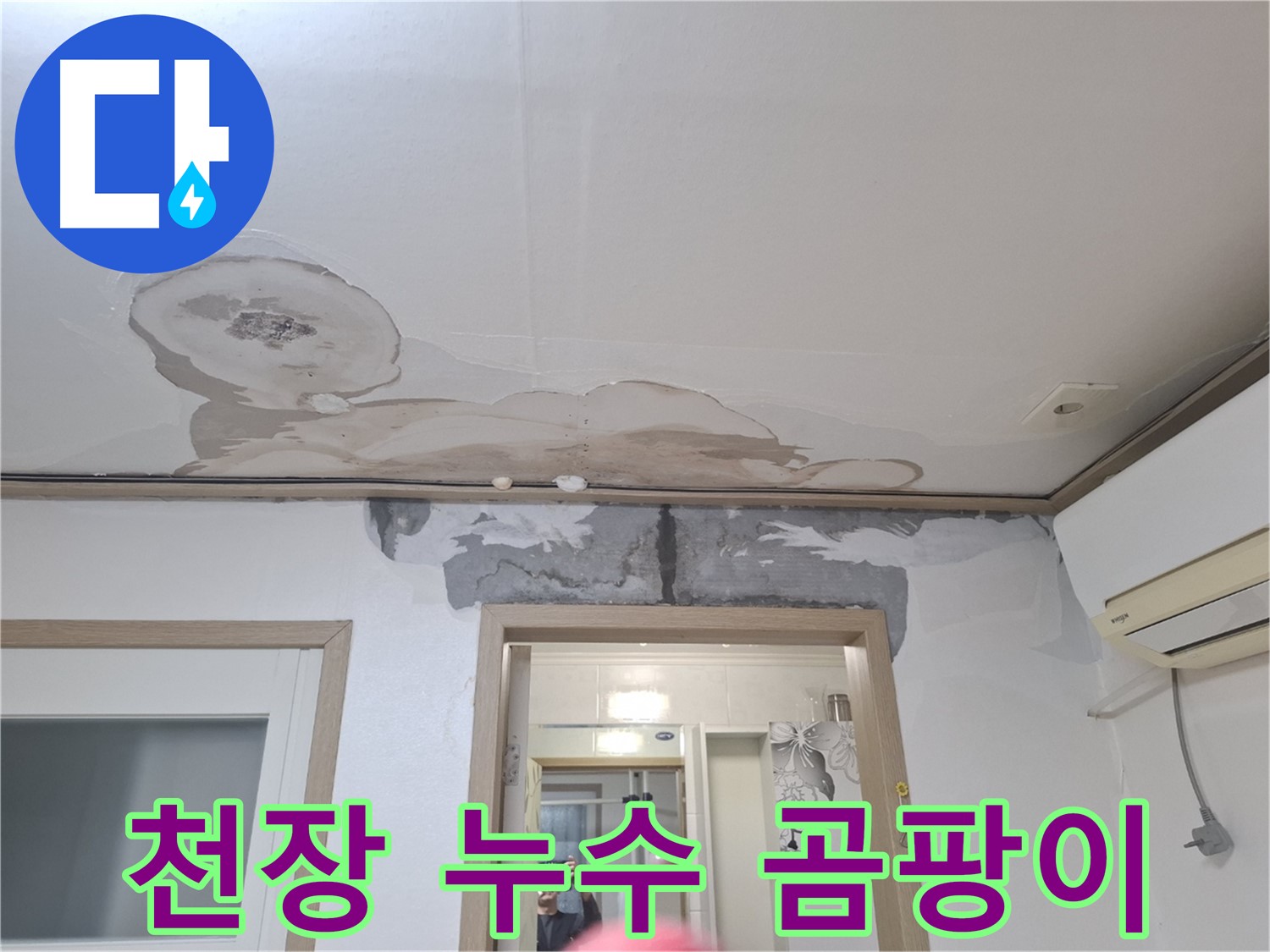 심각한 천장 누수 - 곰팡이와 석고보드 변색