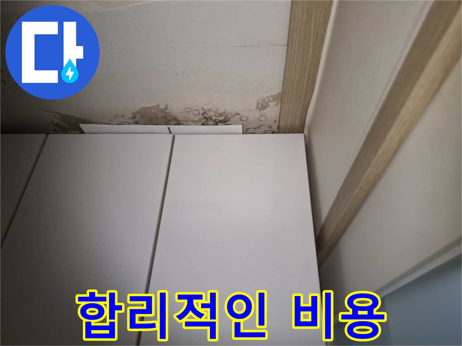 싱크대 위 천장 누수를 합리적인 비용으로 해결할 수 있음을 강조하는 사진입니다.