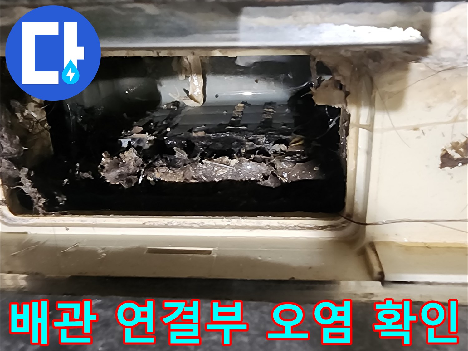 배수관 틈 사이로 물이 스며들어 주변에 오물이 쌓여 있습니다.