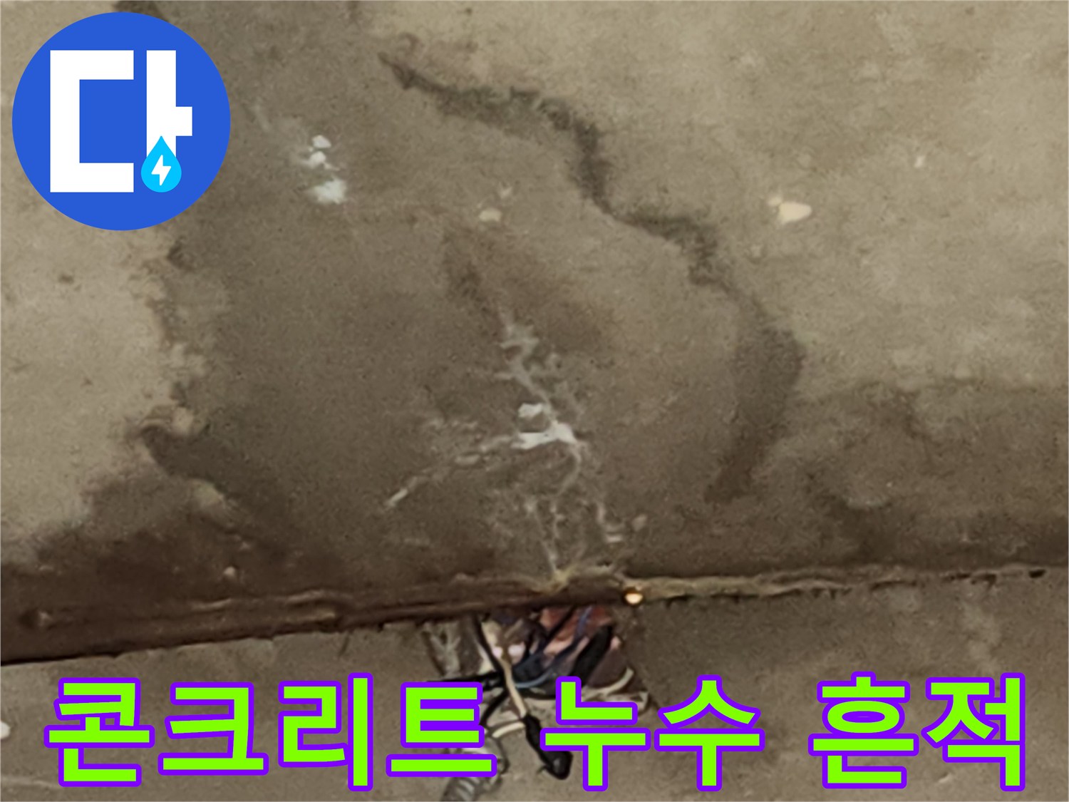 콘크리트 슬래브에 발생한 짙은 물샘 얼룩과 백화 현상