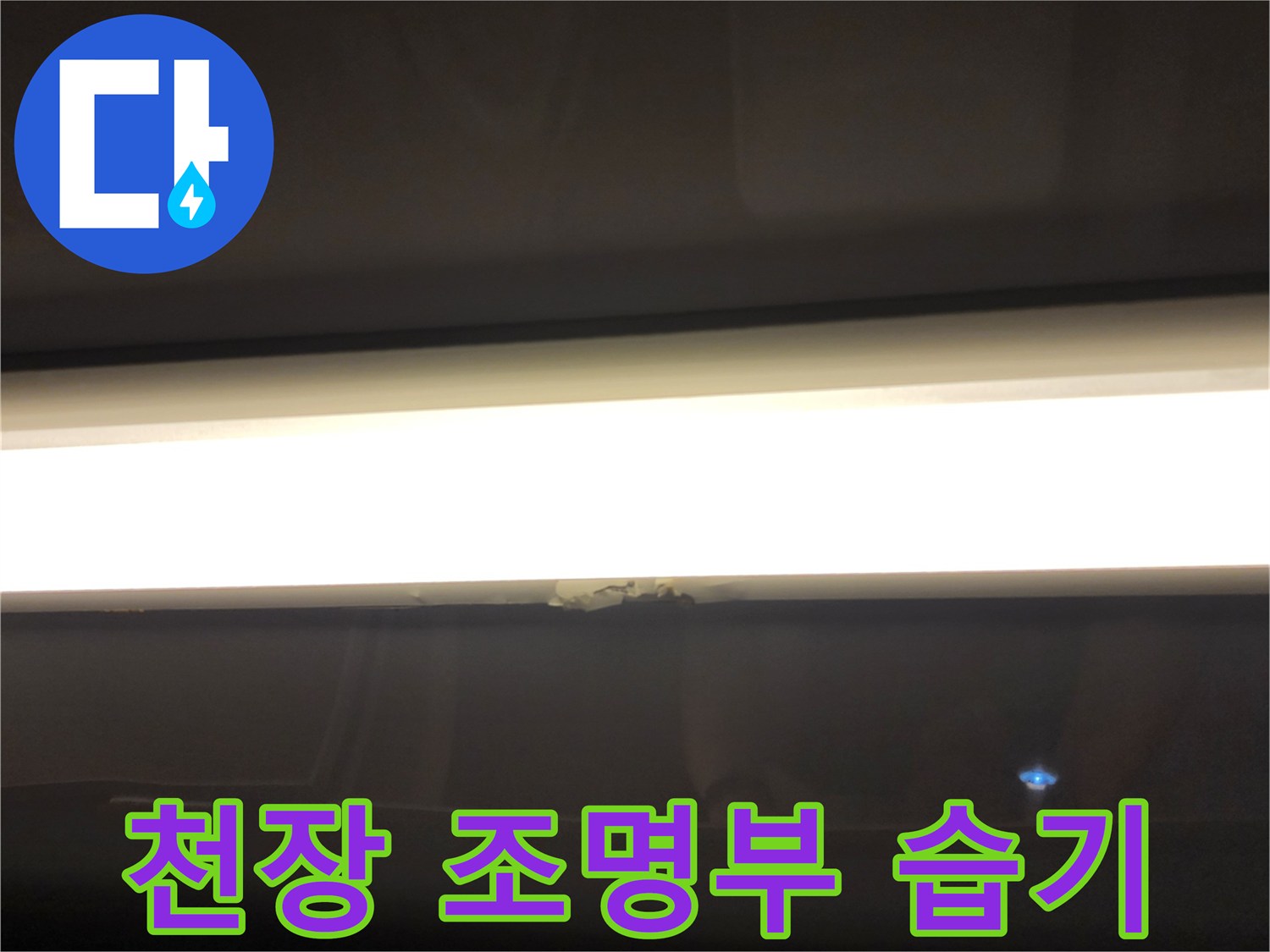 천장 등기구 주변의 젖은 흔적과 오염 부위