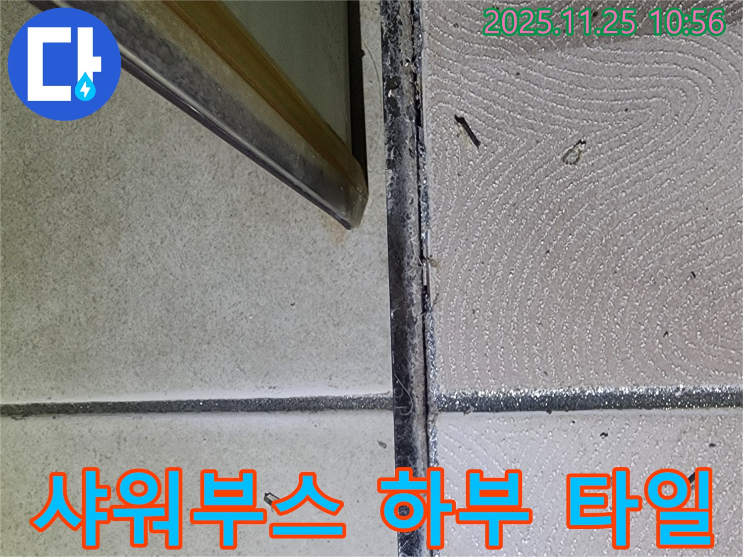 샤워부스 하부 타일 - 깨진 타일과 손상된 줄눈 - 누수 발생