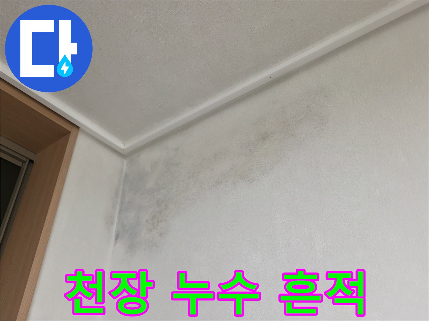 용인 기흥구 구갈동 아파트 천장 누수 - 벽에 생긴 곰팡이와 물 자국을 보여주는 사진