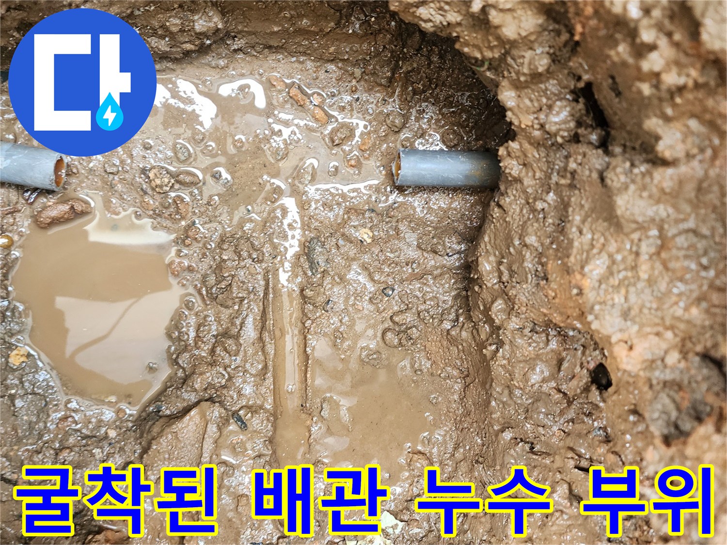 포천 일동면 현장-흙 속에 드러난 파손 배관과 고인 물