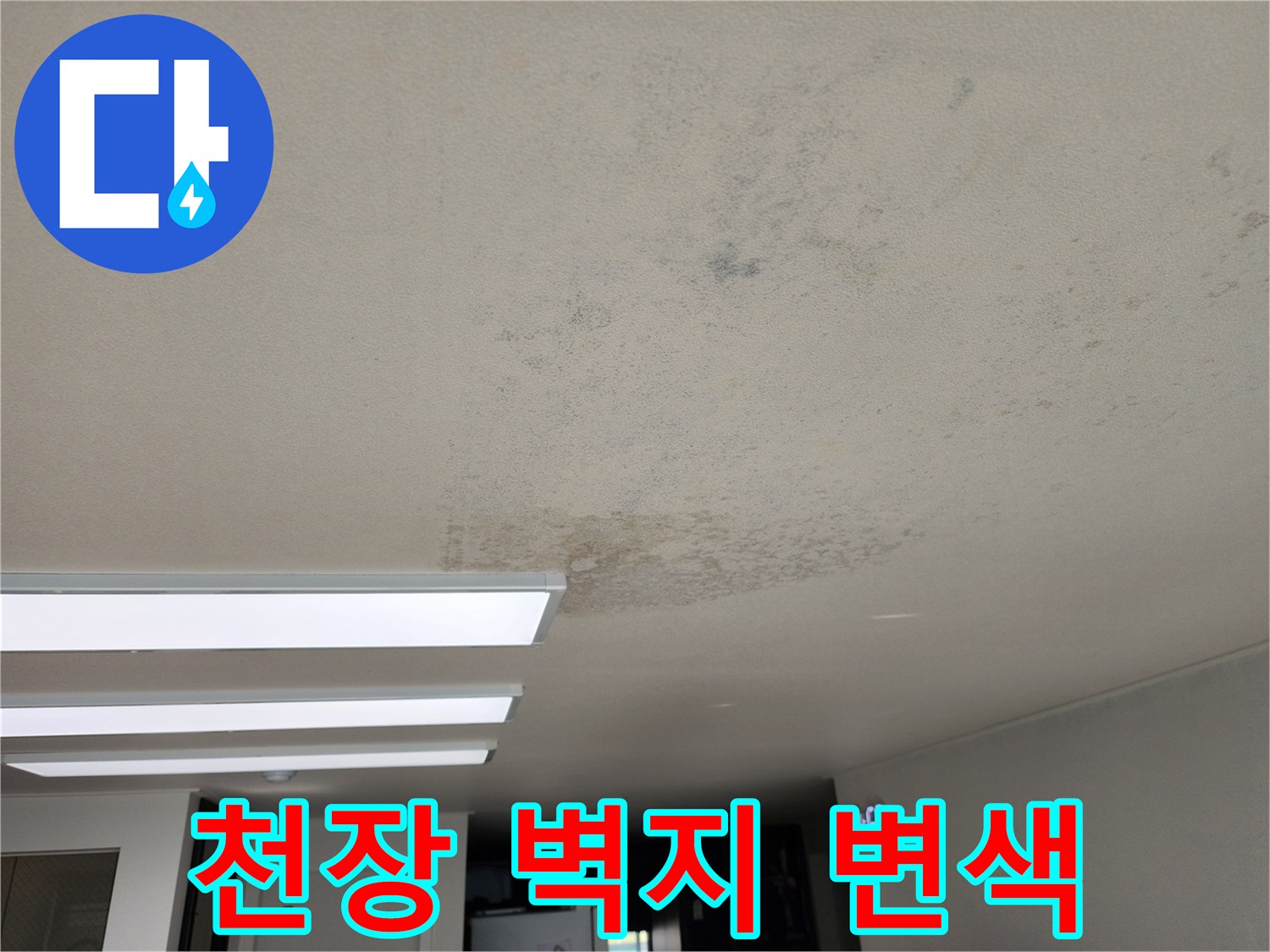 물샘 현상으로 인해 변색된 천장 마감재 사진