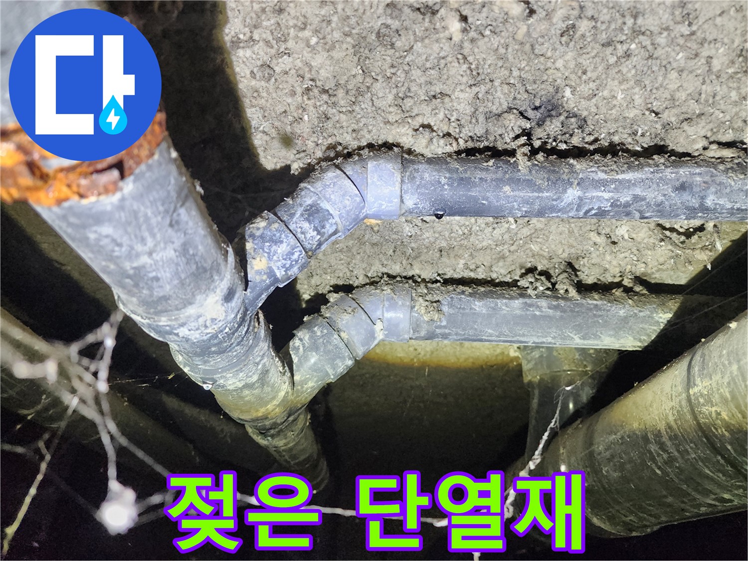 성북구 아남아파트 지하실 천장 배관 누수로 인해 젖은 단열재-교체 시급
