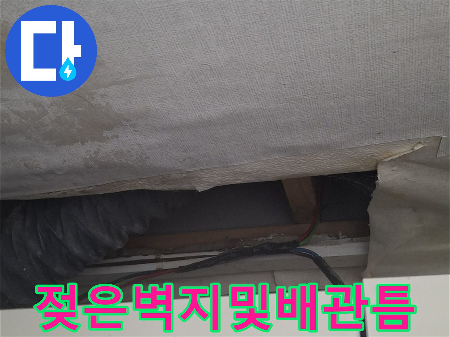 습기가 스며든 배관 주변의 벽지 모습