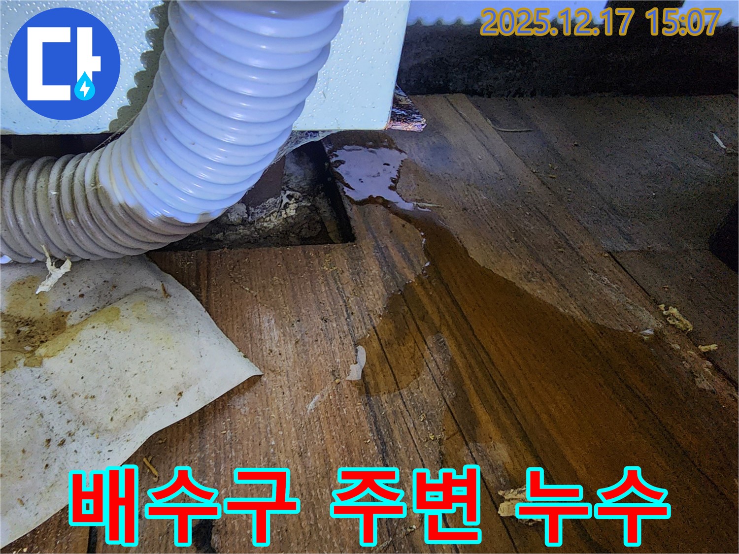 싱크대 배수구 주변에서 누수가 발생한 모습입니다 - 연결 부위의 문제로 누수가 발생할 수 있습니다.