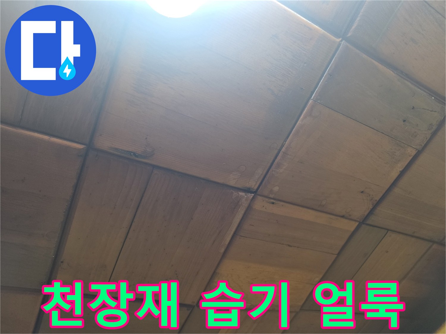물기에 젖어 어둡게 변한 나무 천장 마감