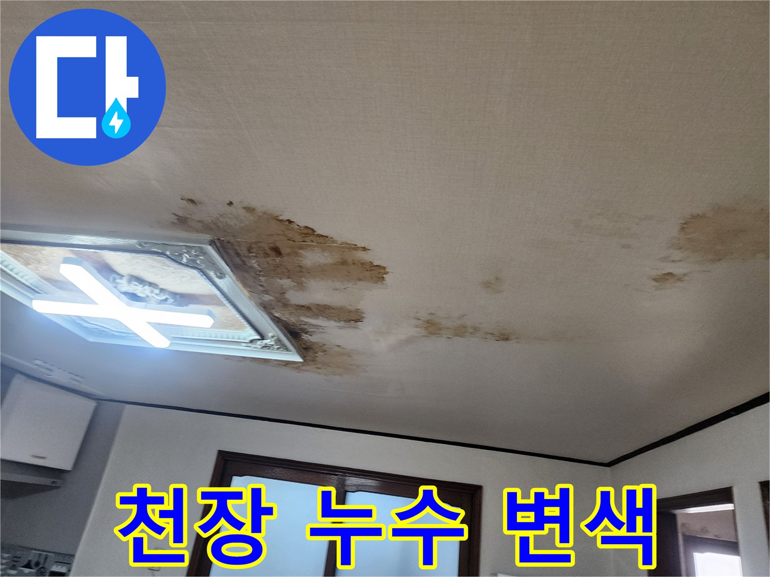 천장 조명 주변으로 번진 갈색의 누수 흔적 부위