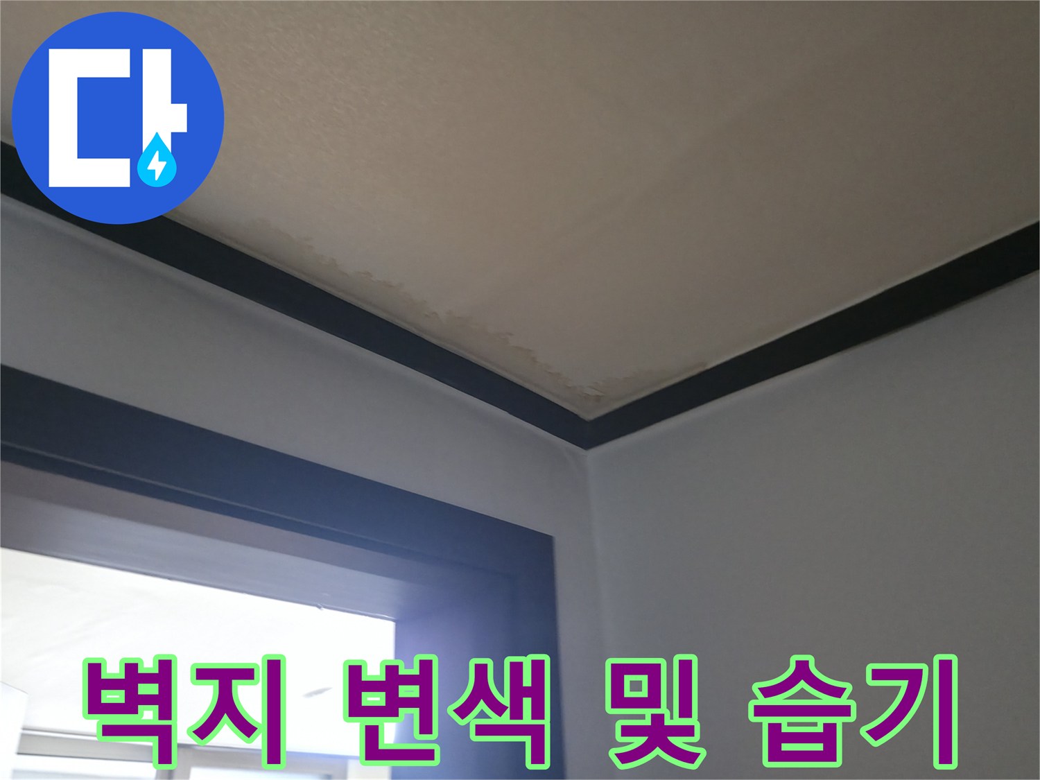 거실 벽면의 물샘으로 인한 벽지 변색 부위 상세 촬영