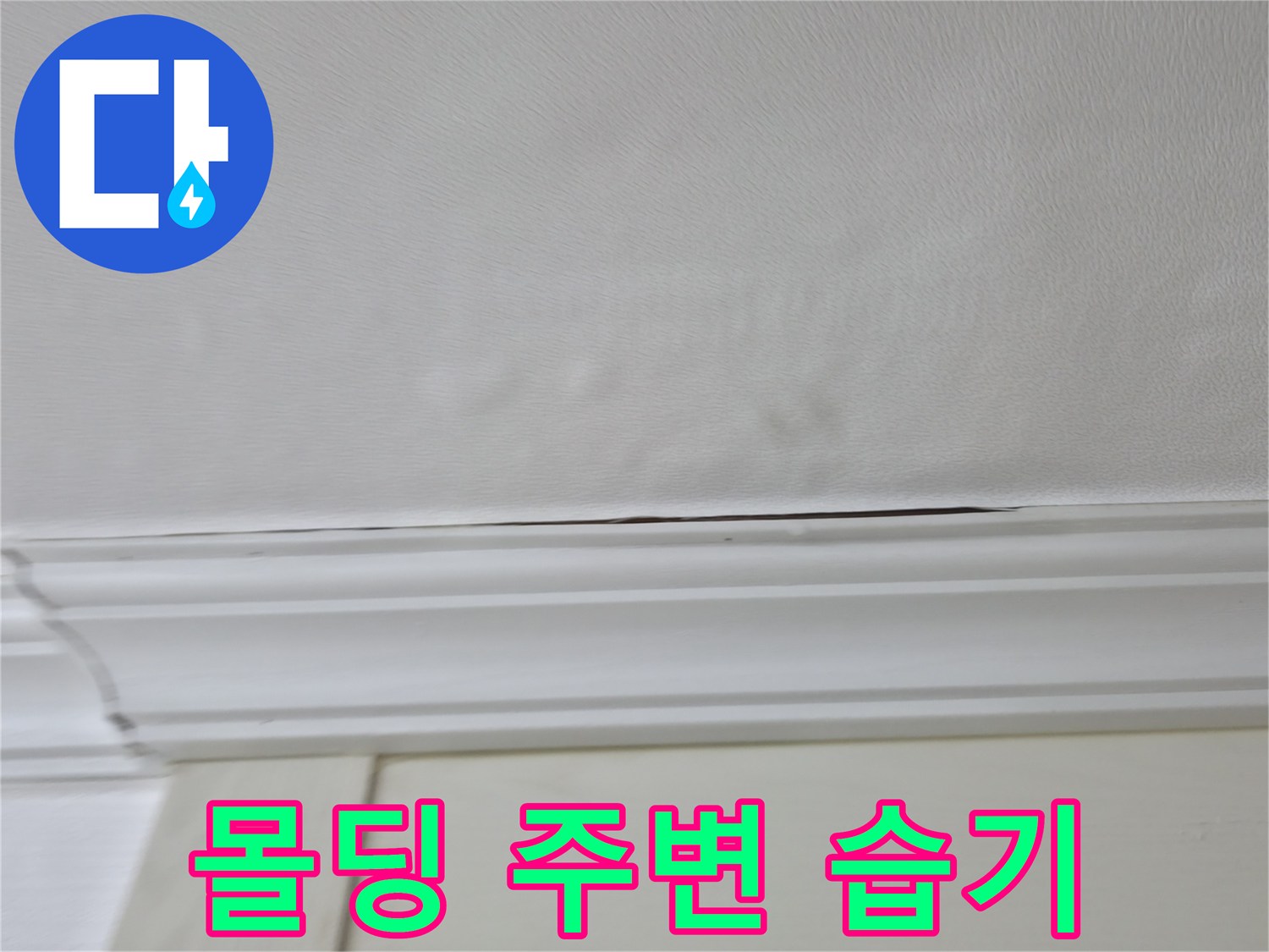 의정부 현장 - 하얀색 천장과 몰딩 사이의 누수 변색 부위