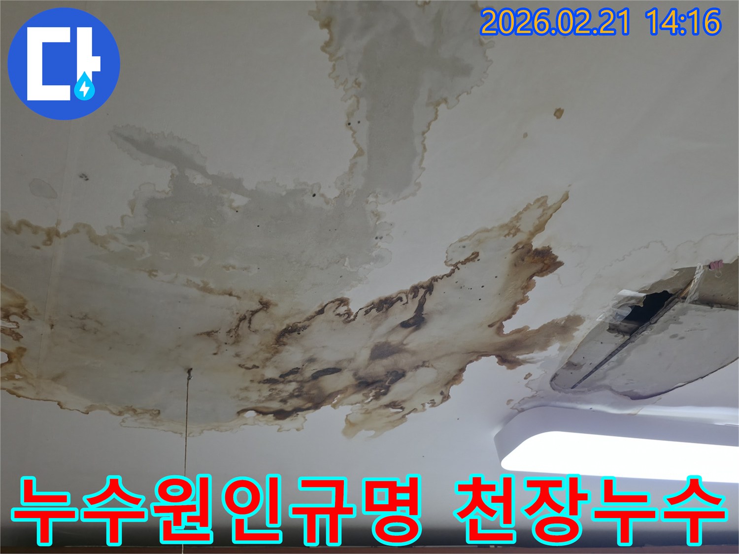 물에-젖어-변색된-천장-모습을-자세히-보여줍니다