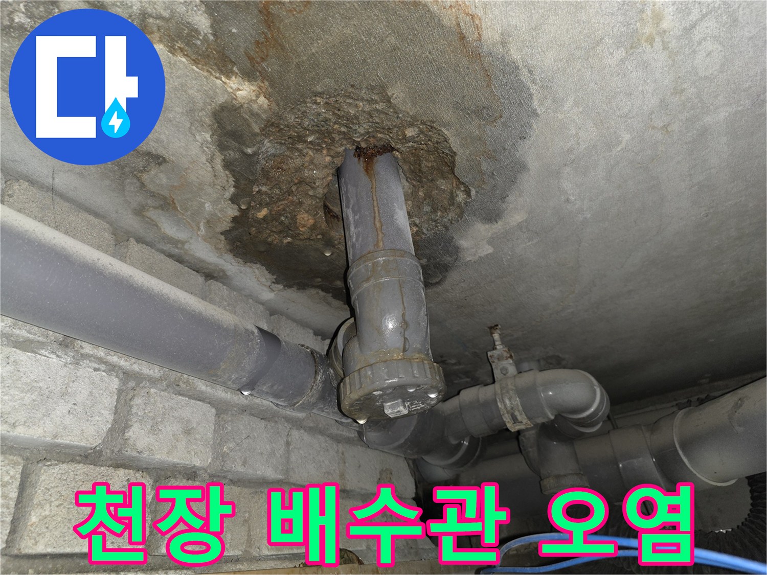 화장실-천장-슬라브-배관-주변-부식된-콘크리트-모습