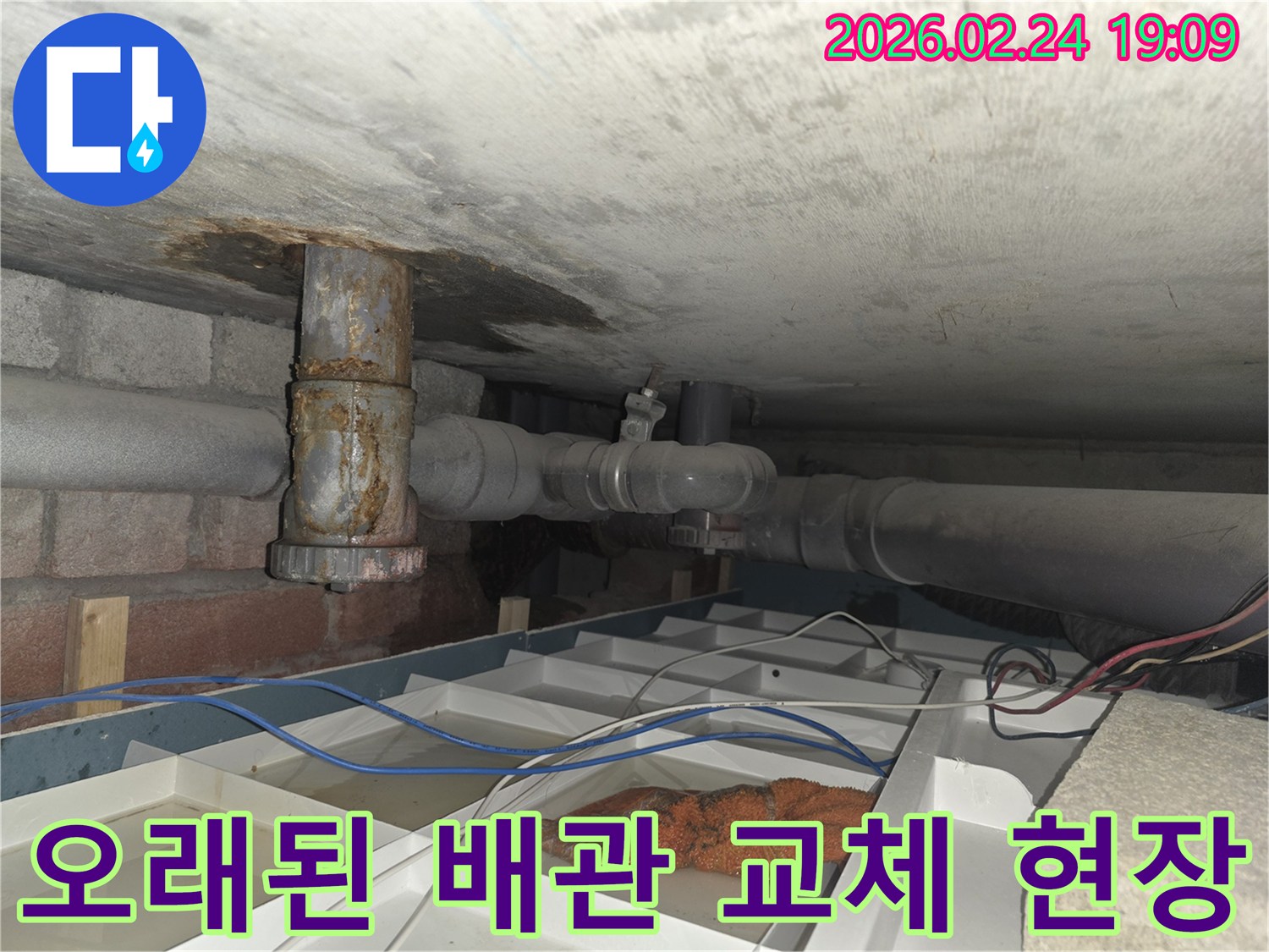 부식된 배관에서 물이 새어 나와 임시 물받이에 고인 물을 보여주는 누수 현장