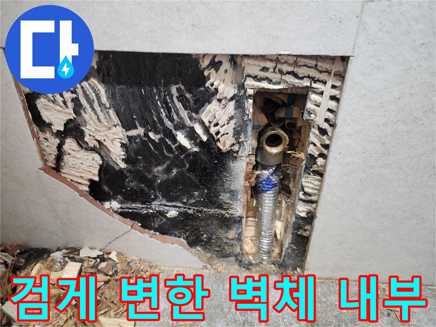 누수로 인해 곰팡이가 번식하고 검게 오염된 벽면 내부 모습입니다.