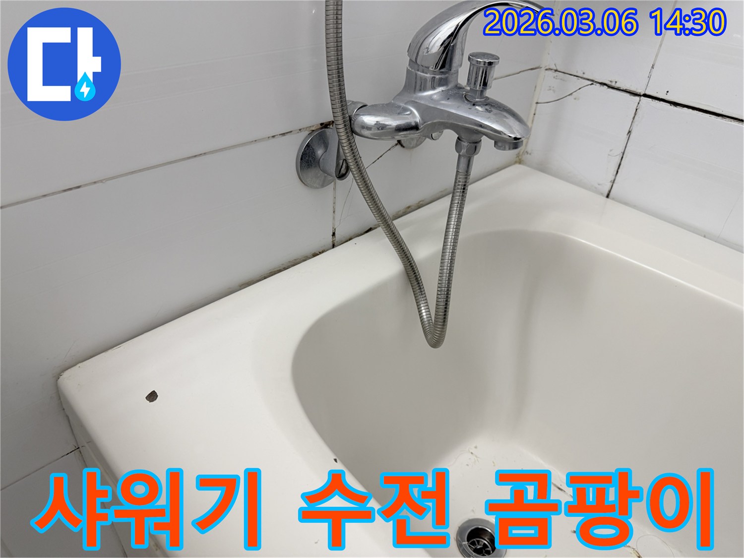 낡은 욕실의 샤워기 수전과-벽면 타일의 곰팡이-그리고 욕조가 함께 찍힌 사진입니다.
