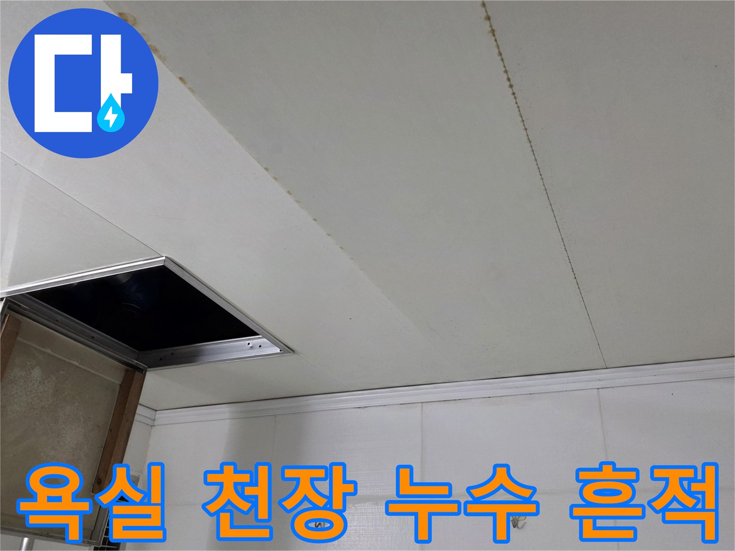 누수로 변색된 욕실 천장 판넬과 점검구 주변 상황