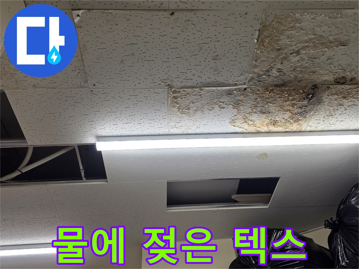 누수가 발생한-창고 천장의 젖은 흔적