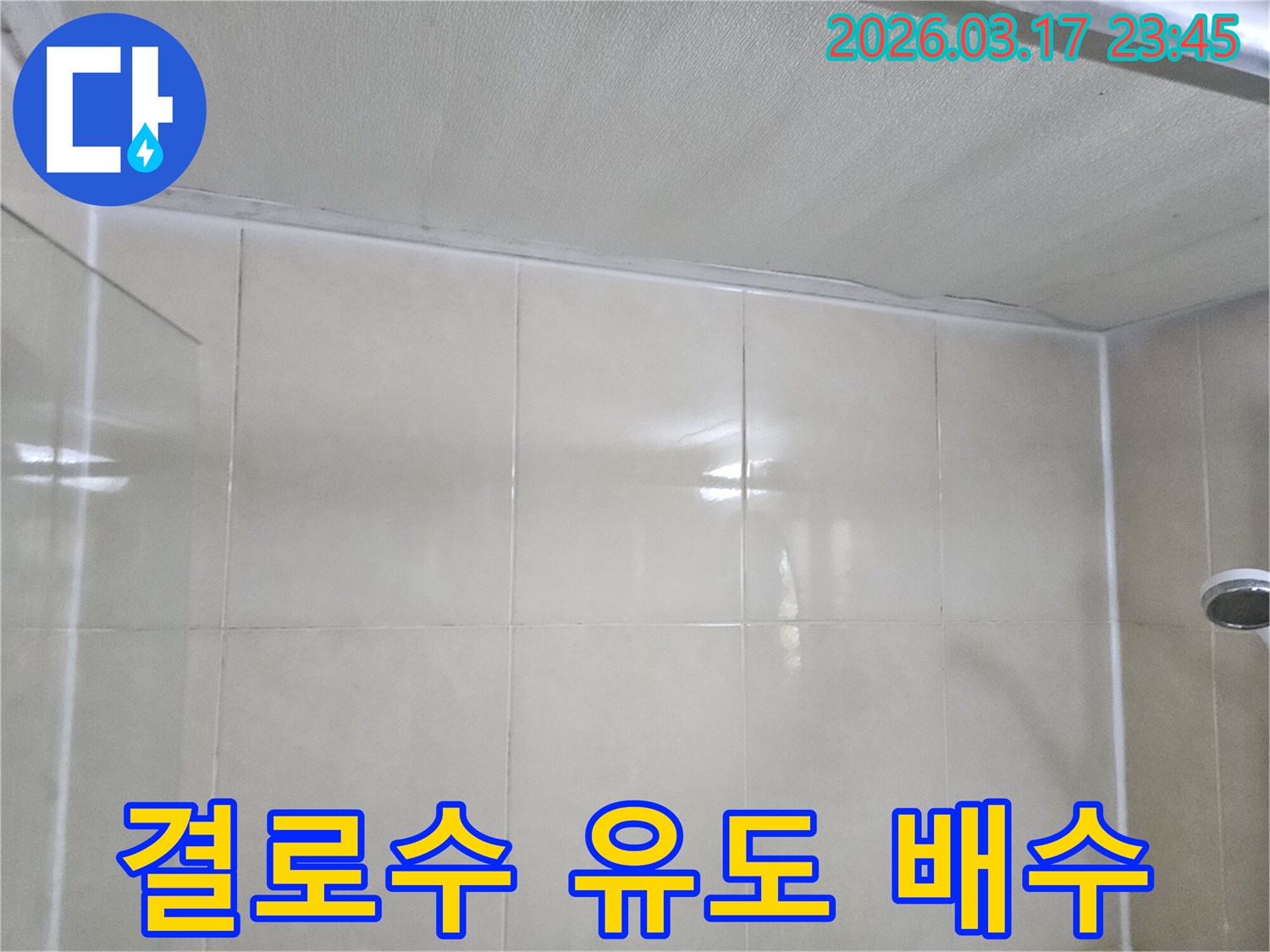 누수-전문가가-타일-벽면과-천장-사이의-결로수를-효과적으로-처리하기-위해-유도-배수-시스템을-설치하는-모습입니다