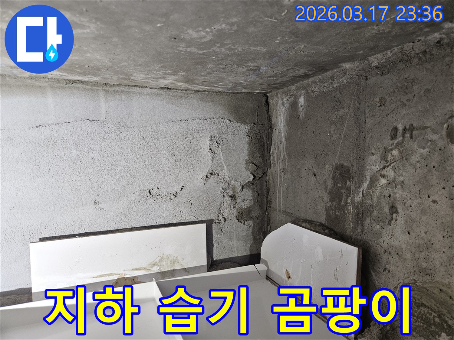 누수로 인해 어둡고 습해진 건물 내부 공간-쾌적한 환경 조성을 위한 누수 해결이 시급합니다.