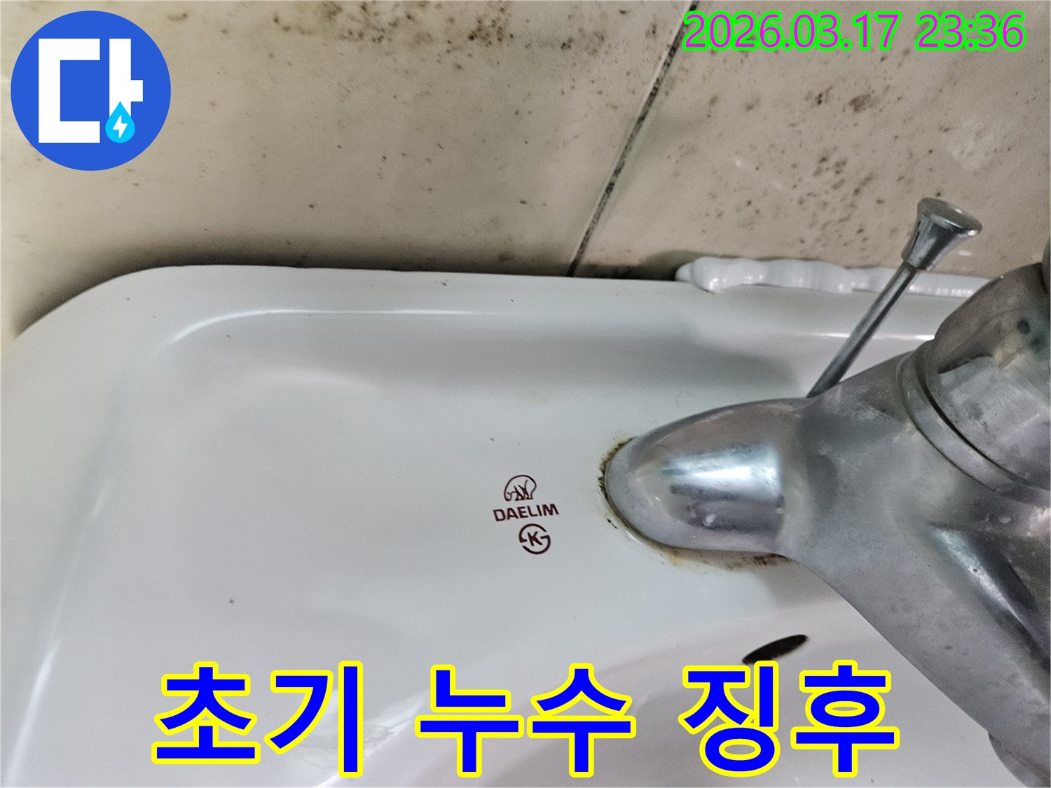 세면대 뒤편 벽에- 번식하기 시작한 곰팡이와- 수도꼭지 하단- 물때가- 초기 누수 징후를 보여줍니다
