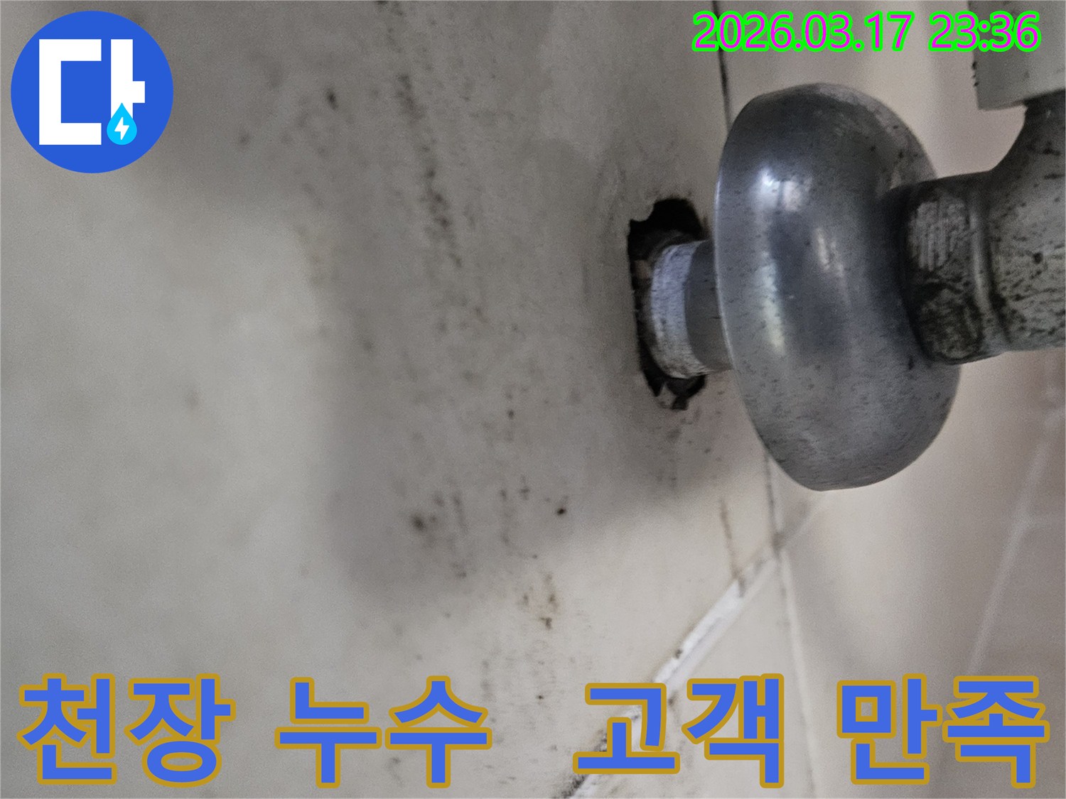 천장-배관에서-발생한-누수로-인해-오염된-벽면과-고객-만족이-최우선인-누수-현장