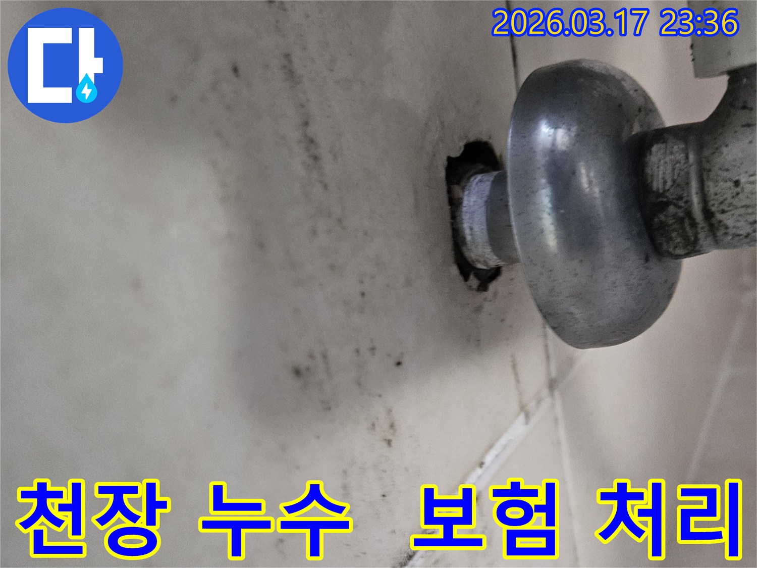 천장-배관에서-발생한-누수로-인해-오염된-벽면과-누수-보험-처리가-필요한-배관-모습