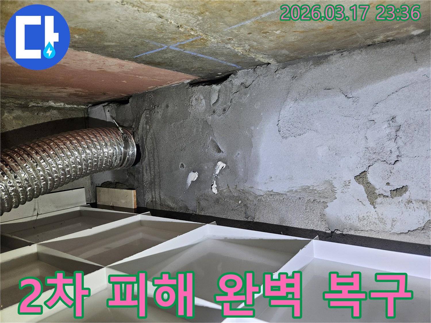 천장과 벽면에 생긴 물 자국으로-2차 피해가 우려되어-예방 조치 및 완벽 복구