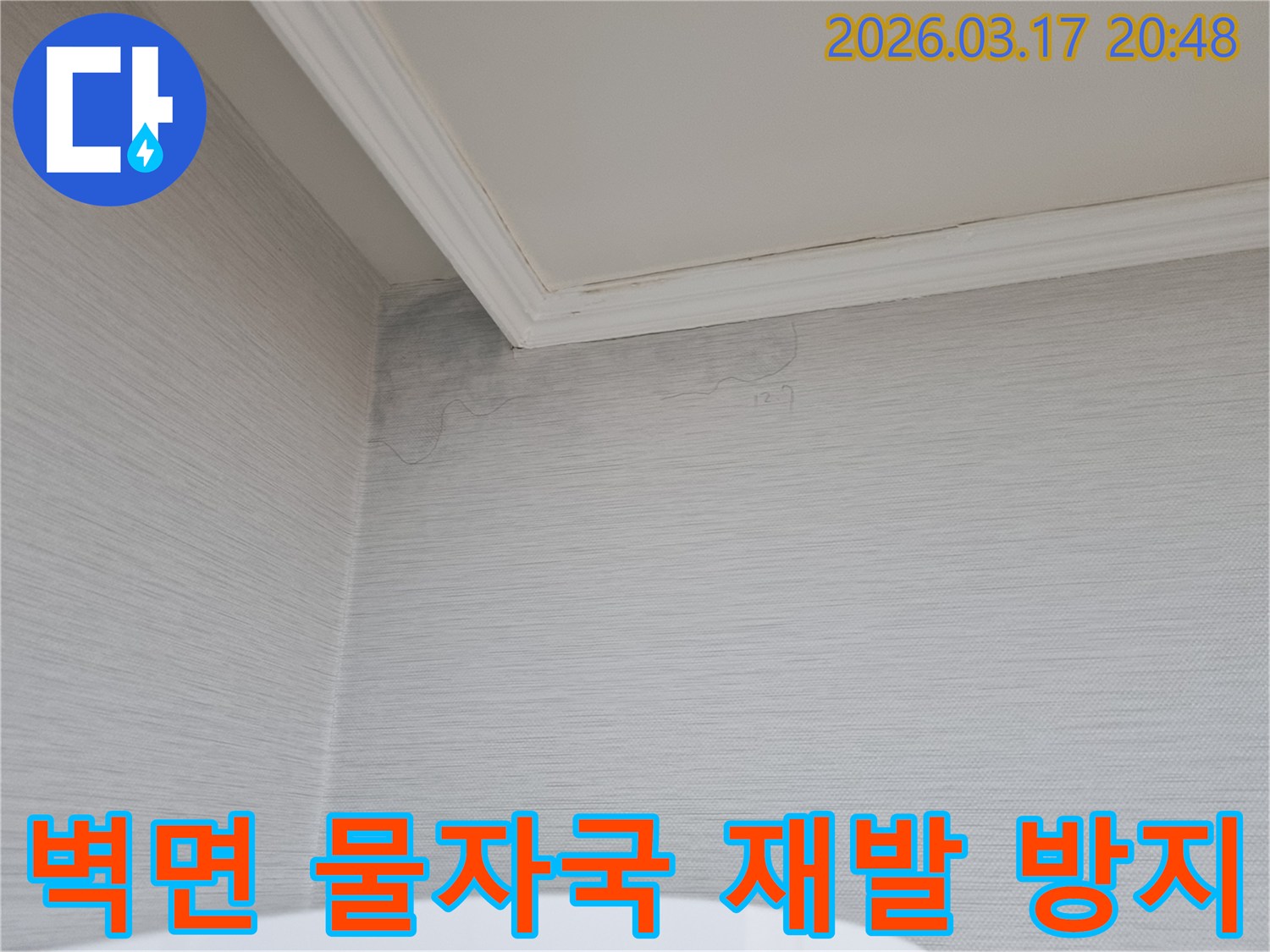 벽면에 나타난 물자국-누수 공사 전문가가 재발 방지를 위한 철저한 작업을 진행할 현장입니다
