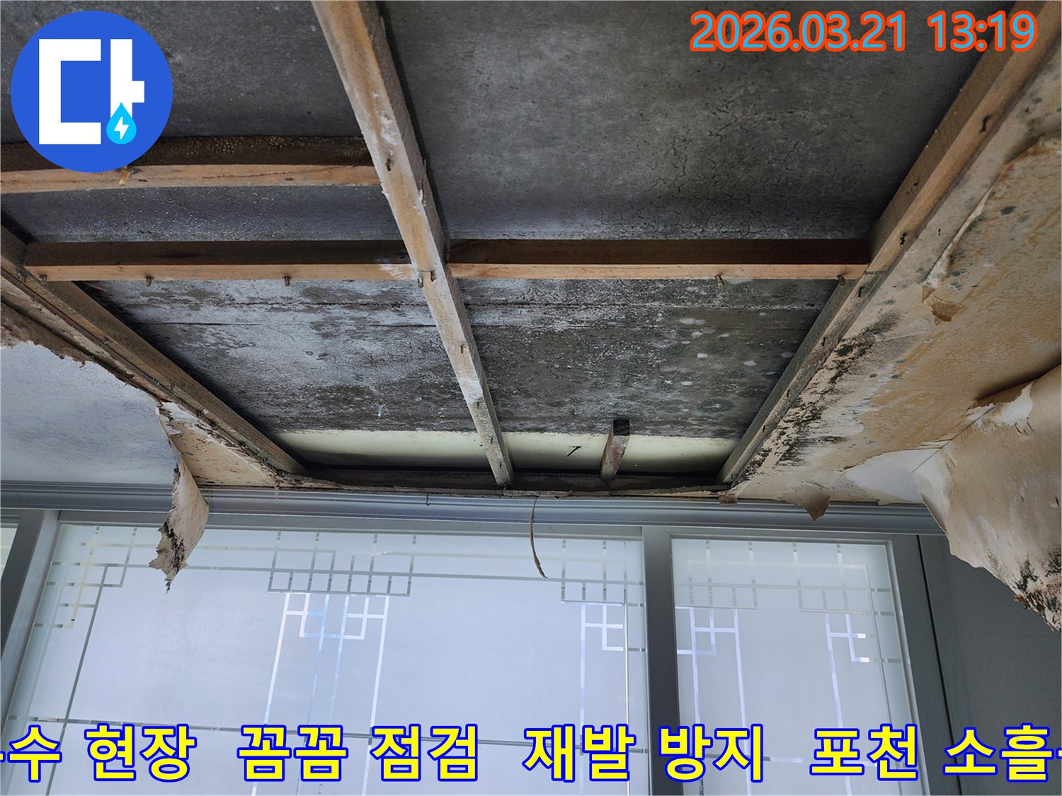 포천-소흘읍-천장-누수-현장으로-마감재가-제거된-후-콘크리트-슬래브와-목재-구조물에-물자국과-곰팡이가-보이며-꼼꼼한-점검으로-재발을-방지해야-합니다.