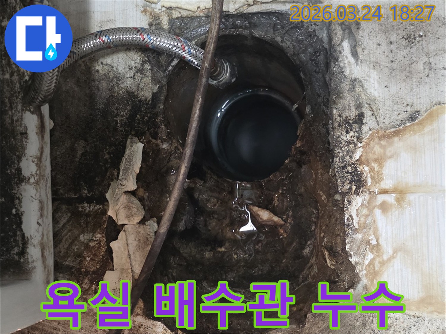 욕실 배수관 주변에서 물이 새어 나와-벽면이 심하게 오염되고 손상된 현장입니다.