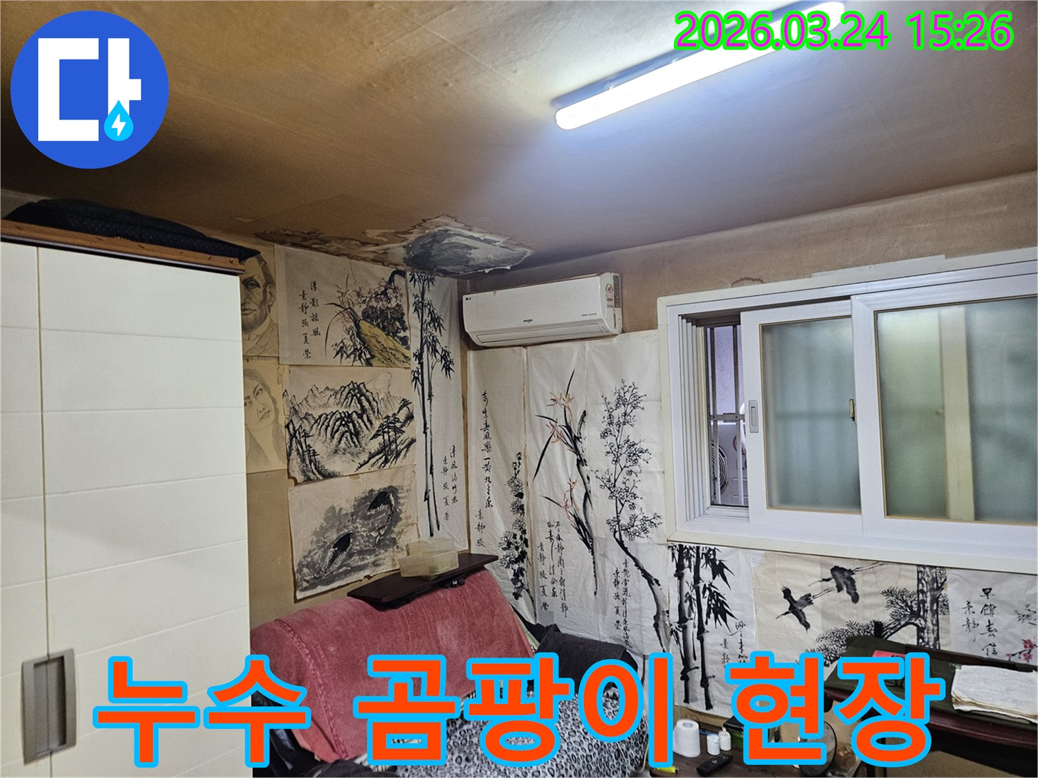 천장 누수로 인해-벽지와 마감재에 곰팡이가 생긴-주거 공간의 모습입니다