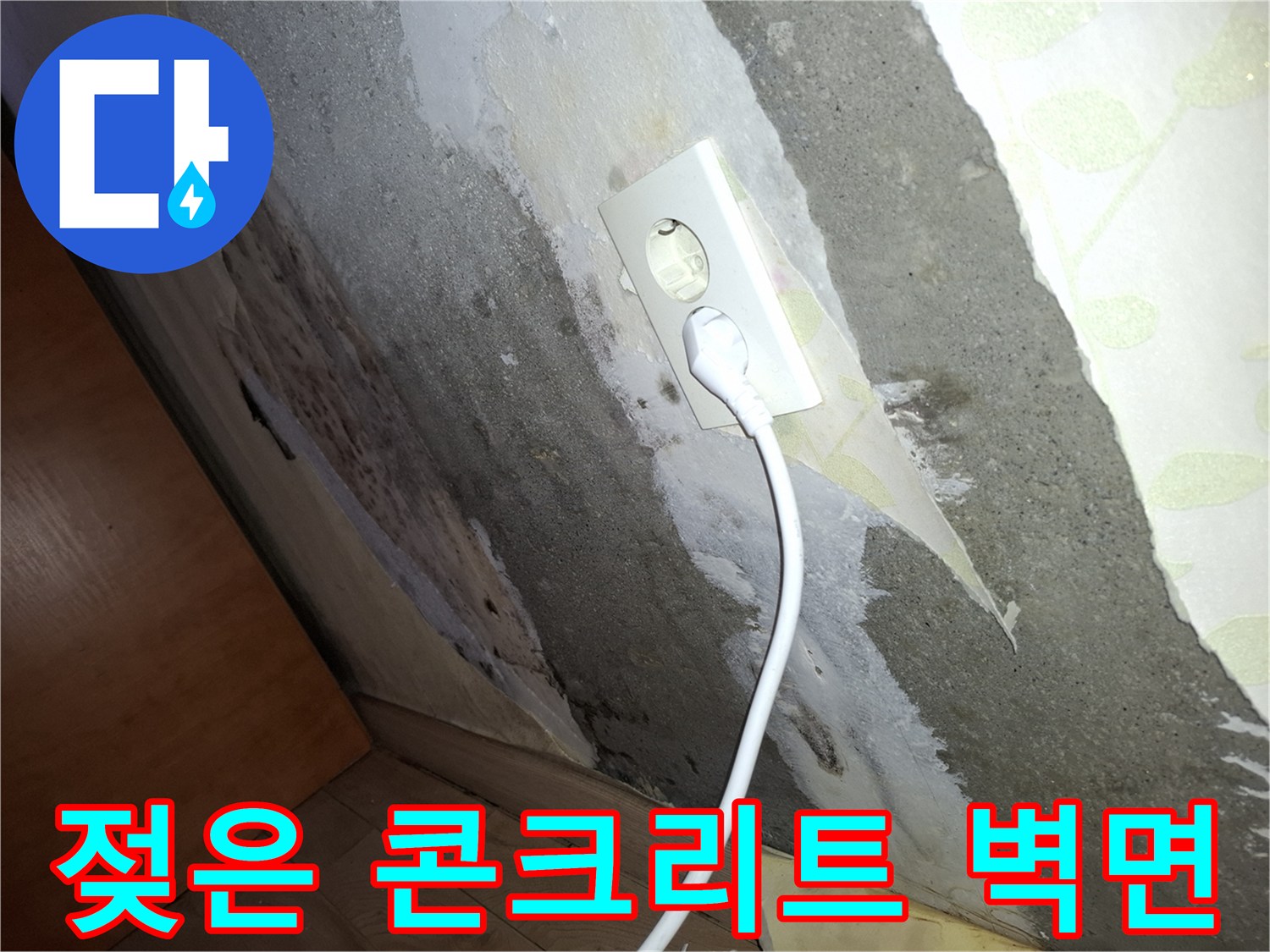 콘센트 주변의 습윤한 콘크리트 표면과 벗겨진 마감재