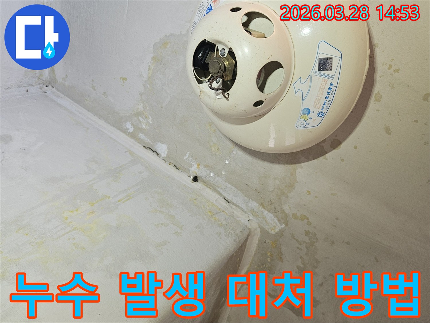 천장-온수기-아래-누수로-인해-천장과-벽면에-심한-물자국과-곰팡이가-발생하여-누수-발생-시-올바른-대처-방법이-필요한-현장